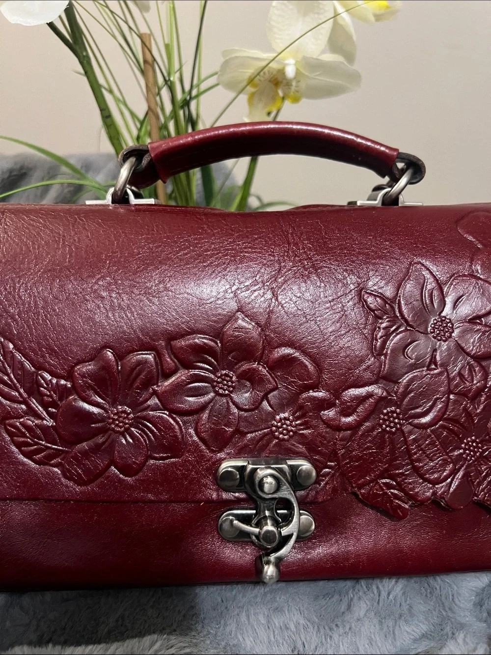 Patricia Nash Charonne Burgundy Embossed Floral Leather Satchel EUC retail $199